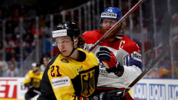 BRATISLAVA, SLOVAKIA - MAY 23: Jakub Voracek #93 of Czech Republic challenges Moritz Seider #21 of Germany during the 2019 IIHF Ice Hockey World Championship Slovakia quarter final game between Czech Republic and Germany at Ondrej Nepela Arena on May 23, 2019 in Bratislava, Slovakia. (Photo by Martin Rose/Getty Images)