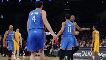 Feb 13, 2014; Los Angeles, CA, USA; Oklahoma City Thunder forward Kevin Durant (35) reacts during the game against the Los Angeles Lakers during the fourth quarter at the Staples Center. The Oklahoma City Thunder defeated the Los Angeles Lakers 107-103. Mandatory Credit: Kelvin Kuo-USA TODAY Sports