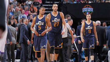 SACRAMENTO, CA - MARCH 29: Rodney Hood #5 and Rudy Gobert #27 of the Utah Jazz look on during the game against the Sacramento Kings on March 29, 2017 at Golden 1 Center in Sacramento, California. NOTE TO USER: User expressly acknowledges and agrees that, by downloading and or using this photograph, User is consenting to the terms and conditions of the Getty Images Agreement. Mandatory Copyright Notice: Copyright 2017 NBAE (Photo by Rocky Widner/NBAE via Getty Images)