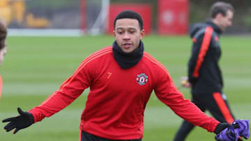 MANCHESTER, ENGLAND - MARCH 09: Memphis Depay of Manchester United in action during a first team training session, ahead of their UEFA Europa League round of 16 match against Liverpool, at Aon Training Complex on March 9, 2016 in Manchester, England. (Photo by Matthew Peters/Man Utd via Getty Images)
