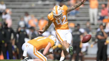 Tennessee placekicker Brent Cimaglia (42) kicks for an extra point in the fourth quarter of a game between Tennessee and Missouri at Neyland Stadium in Knoxville, Tenn., Saturday, Oct. 3, 2020.