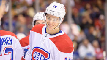 VANCOUVER, BC - NOVEMBER 17: Montreal Canadiens center Jesperi Kotkaniemi (15) smiles during their NHL game against the Vancouver Canucks at Rogers Arena on November 17, 2018 in Vancouver, British Columbia, Canada. Monreal won 3-2. (Photo by Derek Cain/Icon Sportswire via Getty Images)