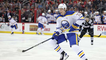 Oct 27, 2023; Newark, New Jersey, USA; Buffalo Sabres right wing Tage Thompson (72) plays the puck during the second period against the New Jersey Devils at Prudential Center. Mandatory Credit: Vincent Carchietta-USA TODAY Sports