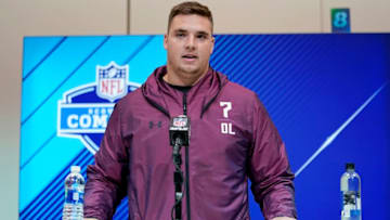 INDIANAPOLIS, IN - MARCH 01: Michigan offensive lineman Mason Cole speaks to the media during NFL Combine press conferences at the Indiana Convention Center on March 1, 2018 in Indianapolis, Indiana. (Photo by Joe Robbins/Getty Images)