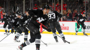 NEWARK, NJ - APRIL 29: Pavel Zacha #37 of the New Jersey Devils warms up prior to the game against the Detroit Red Wings on April 29, 2022 at the Prudential Center in Newark, New Jersey. (Photo by Rich Graessle/Getty Images)