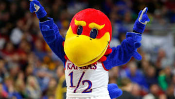 DES MOINES, IA - MARCH 17: The Kansas Jayhawks mascot performs on court in the first half against the Austin Peay Governors during the first round of the 2016 NCAA Men's Basketball Tournament at Wells Fargo Arena on March 17, 2016 in Des Moines, Iowa. (Photo by Kevin C. Cox/Getty Images)