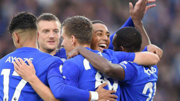 LEICESTER, ENGLAND - SEPTEMBER 29: Dennis Praet of Leicester City celebrates his team's third goal with Youri Tielemans and teammates during the Premier League match between Leicester City and Newcastle United at The King Power Stadium on September 29, 2019 in Leicester, United Kingdom. (Photo by Nathan Stirk/Getty Images)