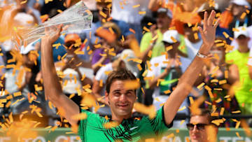 KEY BISCAYNE, FL - APRIL 02: Roger Federer of Switzerland celebrates after winning the final match against Rafael Nadal of Spain (not pictured) on day 14 of the Miami Open at Crandon Park Tennis Center on April 2, 2017 in Key Biscayne, Florida. (Photo by Rob Foldy/Getty Images)