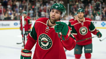 Oct 2, 2016; Saint Paul, MN, USA; Minnesota Wild forward Jason Zucker (16) celebrates his goal during the third period of a preseason hockey game against the Carolina Hurricanes at Xcel Energy Center. The Wild defeated the Hurricanes 3-1. Mandatory Credit: Brace Hemmelgarn-USA TODAY Sports