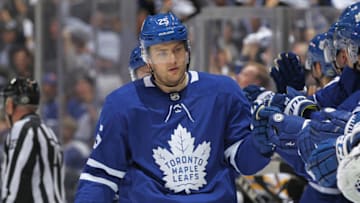 TORONTO, ON - APRIL 16: James van Riemsdyk #25 of the Toronto Maple Leafs celebrates a goal against the Boston Bruins in Game Three of the Eastern Conference First Round during the 2018 Stanley Cup Play-offs at the Air Canada Centre on April 16, 2018 in Toronto, Ontario, Canada. (Photo by Claus Andersen/Getty Images)