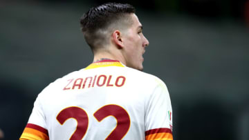 STADIO GIUSEPPE MEAZZA, MILANO, ITALY - 2022/02/08: Nicolo Zaniolo of As Roma looks on during the Coppa Italia match between Fc Internazionale and As Roma. Fc Internazionale wins 2-0 over As Roma. (Photo by Marco Canoniero/LightRocket via Getty Images)