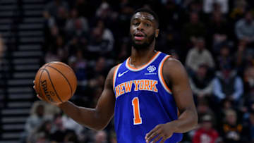 SALT LAKE CITY, UT - DECEMBER 29: Emmanuel Mudiay #1 of the New York Knicks controls the ball in a NBA game against the Utah Jazz at Vivint Smart Home Arena on December 29, 2018 in Salt Lake City, Utah. (Photo by Gene Sweeney Jr./Getty Images)