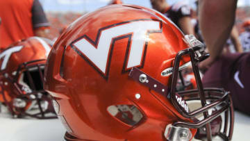 BLACKSBURG, VA - SEPTEMBER 24: A detailed view of the orange helmets worn by the Virginia Tech Hokies against the East Carolina Pirates at Lane Stadium on September 24, 2016 in Blacksburg, Virginia. Virginia Tech defeated East Carolina 54-17 (Photo by Michael Shroyer/Getty Images) *** Local Caption ***