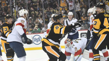 Nov 11, 2021; Pittsburgh, Pennsylvania, USA; Pittsburgh Penguins center Teddy Blueger (53) scores a first period goal against on Florida Panthers goalie Sergei Bobrovsky (72) at PPG Paints Arena. Mandatory Credit: Philip G. Pavely-USA TODAY Sports