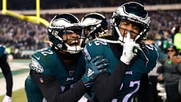 PHILADELPHIA, PA - DECEMBER 22: Sidney Jones #22 of the Philadelphia Eagles celebrates his key play of breaking up a final pass by the Dallas Cowboys as teammate Rasul Douglas #32 celebrates with him during the fourth quarter at Lincoln Financial Field on December 22, 2019 in Philadelphia, Pennsylvania. The Philadelphia Eagles defeated the Dallas Cowboys 17-9. (Photo by Corey Perrine/Getty Images)