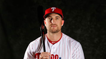CLEARWATER, FL - FEBRUARY 19: Lane Adams #18 of the Philadelphia Phillies poses for a photo during the Phillies' photo day on February 19, 2019 at Carpenter Field in Clearwater, Florida. (Photo by Brian Blanco/Getty Images)
