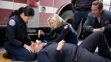 CHICAGO FIRE -- "Light Things Up" Episode 819 -- Pictured: (l-r) Miranda Rae Mayo as Stella Kidd, Joe Minoso as Joe Cruz, Kara Killmer as Sylvie Brett, Christian Stolte as Randy ?Mouch? McHolland -- (Photo by: Adrian Burrows/NBC)