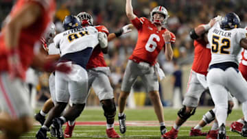 Sep 17, 2022; Columbus, Ohio, USA; Ohio State Buckeyes quarterback Kyle McCord (6) throws a pass during the second half of the NCAA Division I football game against the Toledo Rockets at Ohio Stadium. Ohio State won 77-21. Mandatory Credit: Adam Cairns-The Columbus DispatchNcaa Football Toledo Rockets At Ohio State Buckeyes