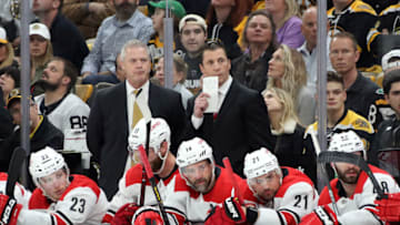 BOSTON, MASSACHUSETTS - MAY 09: Head coach Rod Brind'Amour of the Carolina Hurricanes looks on in Game One of the Eastern Conference Final against the Boston Bruins during the 2019 NHL Stanley Cup Playoffs at TD Garden on May 09, 2019 in Boston, Massachusetts. (Photo by Bruce Bennett/Getty Images)