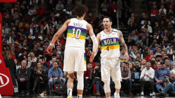 CHICAGO, IL - FEBRUARY 6: Jaxson Hayes #10 and JJ Redick #4 of the New Orleans Pelicans hi-five during the game against the Chicago Bulls on February 6, 2020 at United Center in Chicago, Illinois. NOTE TO USER: User expressly acknowledges and agrees that, by downloading and or using this photograph, User is consenting to the terms and conditions of the Getty Images License Agreement. Mandatory Copyright Notice: Copyright 2020 NBAE (Photo by Jeff Haynes/NBAE via Getty Images)