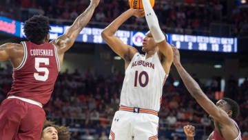 Auburn basketball forward Jabari Smith (10) takes a jump shot as Auburn Tigers men's basketball faces South Carolina Gamecocks at Neville Arena in Auburn, Ala., on Saturday, March 5, 2022.