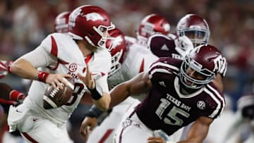 Sep 24, 2016; Dallas, TX, USA; Texas A&M Aggies defensive lineman Myles Garrett (15) in game action against the Arkansas Razorbacks at AT&T Stadium. Texas A&M won 45-24. Mandatory Credit: Tim Heitman-USA TODAY Sports