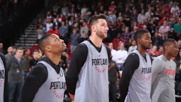 PORTLAND, OR - OCTOBER 1: Damian Lillard #0 and Jusuf Nurkic #27 of the Portland Trail Blazers with their teammates participate in the team's annual Fan Fest event October 1, 2017 at the Moda Center in Portland, Oregon. NOTE TO USER: User expressly acknowledges and agrees that, by downloading and or using this photograph, user is consenting to the terms and conditions of the Getty Images License Agreement. Mandatory Copyright Notice: Copyright 2017 NBAE (Photo by Sam Forencich/NBAE via Getty Images)