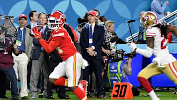 MIAMI, FLORIDA - FEBRUARY 02: Sammy Watkins #14 of the Kansas City Chiefs runs with the ball after catching a pass against the San Francisco 49ers in Super Bowl LIV at Hard Rock Stadium on February 02, 2020 in Miami, Florida. The Chiefs won the game 31-20. (Photo by Focus on Sport/Getty Images)