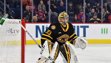 LAVAL, QC - OCTOBER 16: Goaltender Maxime Lagace #33 of the Providence Bruins protects the net against the Laval Rocket at Place Bell on October 16, 2019 in Laval, Canada. The Laval Rocket defeated the Providence Bruins 5-4 in a shoot-out. (Photo by Minas Panagiotakis/Getty Images)