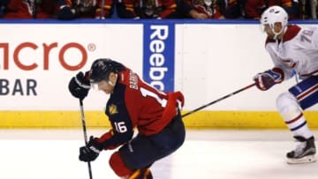 Dec 29, 2015; Sunrise, FL, USA; Florida Panthers center Aleksander Barkov (16) skates with the puck past Montreal Canadiens defenseman Andrei Markov (79) in the third period at BB&T Center. The Panthers won 3-1. Mandatory Credit: Robert Mayer-USA TODAY Sports