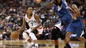 Oct 12, 2015; Toronto, Ontario, CAN; Toronto Raptors point guard Kyle Lowry (7) stops as he looks for a play against the Minnesota Timberwolves at Air Canada Centre. The Raptors beat the Timberwolves 112-107. Mandatory Credit: Tom Szczerbowski-USA TODAY Sports
