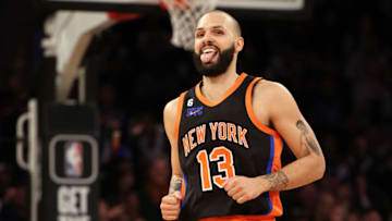 NEW YORK, NEW YORK - FEBRUARY 05: Evan Fournier #13 of the New York Knicks celebrates his three point shot in the second half against the Philadelphia 76ers at Madison Square Garden on February 05, 2023 in New York City. The New York Knicks defeated the Philadelphia 76ers 108-97. NOTE TO USER: User expressly acknowledges and agrees that, by downloading and or using this photograph, User is consenting to the terms and conditions of the Getty Images License Agreement. (Photo by Elsa/Getty Images)