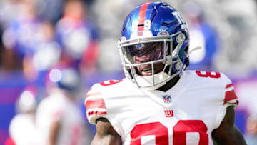 New York Giants wide receiver Kadarius Toney (89) on the field for warm ups MetLife Stadium on Sunday, Oct. 17, 2021, in East Rutherford.Nyg Vs Lar