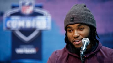 INDIANAPOLIS, IN - FEBRUARY 28: Running back Bryce Love of Stanford speaks to the media during day one of interviews at the NFL Combine at Lucas Oil Stadium on February 28, 2019 in Indianapolis, Indiana. (Photo by Joe Robbins/Getty Images)