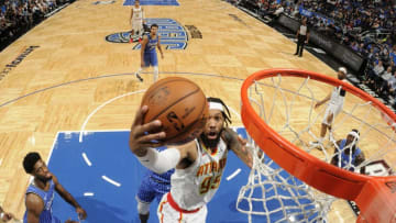 ORLANDO, FL - APRIL 5: DeAndre' Bembry #95 of the Atlanta Hawks shoots the ball against the Orlando Magic on April 5, 2019 at Amway Center in Orlando, Florida. NOTE TO USER: User expressly acknowledges and agrees that, by downloading and or using this photograph, User is consenting to the terms and conditions of the Getty Images License Agreement. Mandatory Copyright Notice: Copyright 2019 NBAE (Photo by Fernando Medina/NBAE via Getty Images)