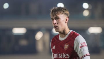 WIMBLEDON, ENGLAND - DECEMBER 08: Nikolaj Moller of Arsenal U21 looks on during the EFL Trophy match between AFC Wimbledon and Arsenal U21 at Plough Lane on December 8, 2020 in Wimbledon, England. (Photo by Sebastian Frej/MB Media/Getty Images)