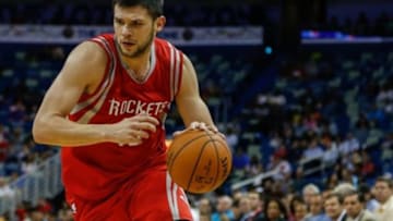 Oct 14, 2014; New Orleans, LA, USA; Houston Rockets forward Kostas Papanikolaou (16) against the New Orleans Pelicans during the second half of a preseason game at the Smoothie King Center. The Pelicans defeated the Rockets 117-98. Mandatory Credit: Derick E. Hingle-USA TODAY Sports