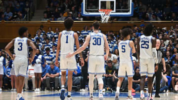 Jan 31, 2023; Durham, North Carolina, USA; Duke Blue Devils guard Jeremy Roach (3) center Dereck Lively (1) center Kyle Filipowski(30) guard Tyrese Proctor(5) and forward Mark Mitchell (25) take the floor after a timeout during the second half against the Wake Forest Demon Deacons at Cameron Indoor Stadium. The Blue Devils won 75-73. Mandatory Credit: Rob Kinnan-USA TODAY Sports