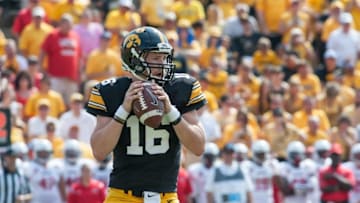 Sep 5, 2015; Iowa City, IA, USA; Iowa Hawkeyes quarterback C.J. Beathard (16) drops back for a pass against the Illinois State Redbirds at Kinnick Stadium. Mandatory Credit: Jeffrey Becker-USA TODAY Sports