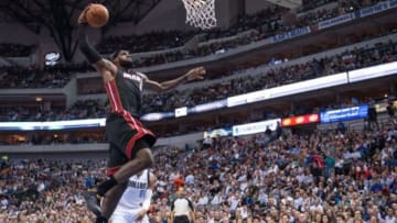 Feb 18, 2014; Dallas, TX, USA; Miami Heat small forward LeBron James (6) drives to the basket during the game against the Dallas Mavericks the American Airlines Center. The Heat defeated the Mavericks 117-106. Mandatory Credit: Jerome Miron-USA TODAY Sports