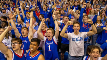 Apr 4, 2022; Lawrence, Kansas, USA; Kansas Jayhawks fans at a watch party at Allen Fieldhouse react to a play during the second half of the the 2022 NCAA men's basketball tournament Final Four championship game against the North Carolina Tar Heels. Mandatory Credit: Scott Sewell-USA TODAY Sports