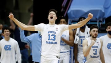 CHAPEL HILL, NORTH CAROLINA - FEBRUARY 27: Walker Kessler #13 of the North Carolina Tar Heels reacts as time expires during their game against the Florida State Seminoles at the Dean Smith Center on February 27, 2021 in Chapel Hill, North Carolina. North Carolina won 78-70. (Photo by Grant Halverson/Getty Images)