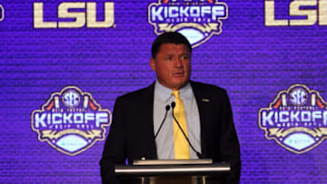 HOOVER, AL - JULY 15: LSU Tigers head coach Ed Orgeron speaks during the 2019 SEC Football Media Days on July 15, 2019 at The Wynfrey Hotel in Hoover, Alabama. (Photo by Michael Wade/Icon Sportswire via Getty Images)