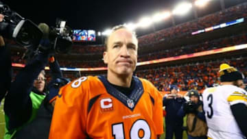 Jan 17, 2016; Denver, CO, USA; Denver Broncos quarterback Peyton Manning (18) against the Pittsburgh Steelers during the AFC Divisional round playoff game at Sports Authority Field at Mile High. Mandatory Credit: Mark J. Rebilas-USA TODAY Sports