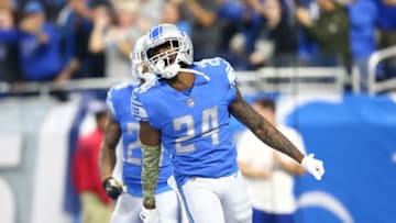 Nevin Lawson of the Detroit Lions celebrates his fumble for a touchdown during the game against the Cleveland Browns. (Photo by Rey Del Rio/Getty Images)