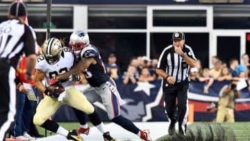 Aug 11, 2016; Foxborough, MA, USA; New Orleans Saints tight end Coby Fleener (82) catches a pass against the New England Patriots during a preseason NFL game at Gillette Stadium. Mandatory Credit: Brian Fluharty-USA TODAY Sports