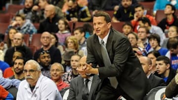Mar 29, 2014; Philadelphia, PA, USA; Detroit Pistons head coach John Loyer during the 2nd quarter of the game against the Philadelphia 76ers at Wells Fargo Center. Mandatory Credit: John Geliebter-USA TODAY Sports