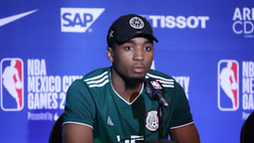 MEXICO CITY, MX - DECEMBER 15: Donovan Mitchell #45 of the Utah Jazz talks to the media after the game against the Orlando Magic as part of the NBA Mexico Games 2018 on December 15, 2018 at Arena Ciudad de Mexico in Mexico City, Mexico. NOTE TO USER: User expressly acknowledges and agrees that, by downloading and or using this Photograph, user is consenting to the terms and conditions of the Getty Images License Agreement. Mandatory Copyright Notice: Copyright 2018 NBAE (Photo by Nathaniel S. Butler/NBAE via Getty Images)