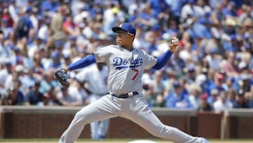 Jun 2, 2016; Chicago, IL, USA; Los Angeles Dodgers starting pitcher Julio Urias (7) delivers a pitch against the Chicago Cubs in the first inning at Wrigley Field. Mandatory Credit: Kamil Krzaczynski-USA TODAY Sports