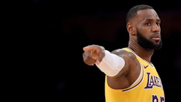 LOS ANGELES, CA - OCTOBER 20: LeBron James #23 of the Los Angeles Lakers directs the defense during a 124-115 loss to the Houston Rockets at Staples Center on October 20, 2018 in Los Angeles, California. (Photo by Harry How/Getty Images)